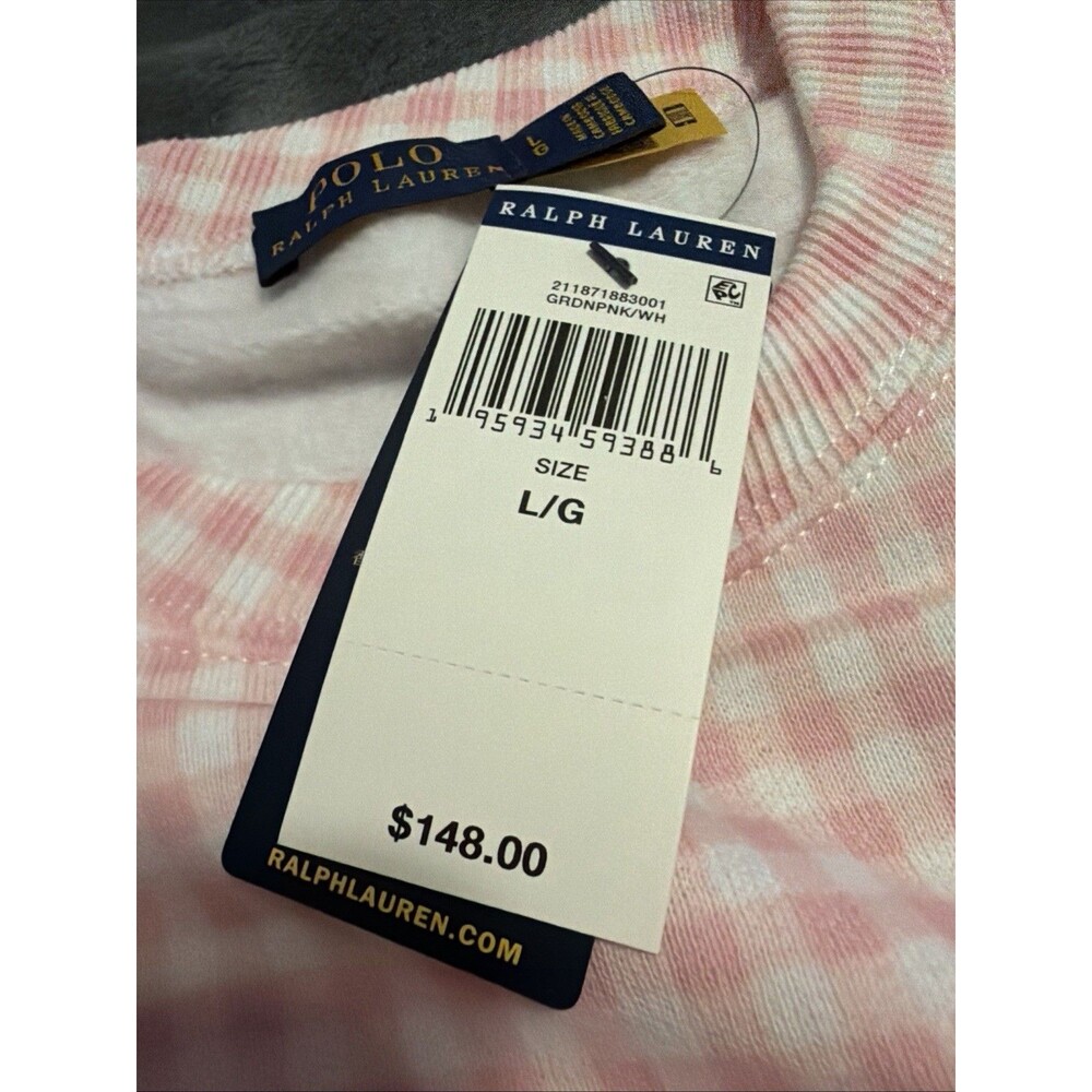LARGE Polo Ralph Lauren Gingham Fleece Sweatshirt Pink White - Picture 12 of 13